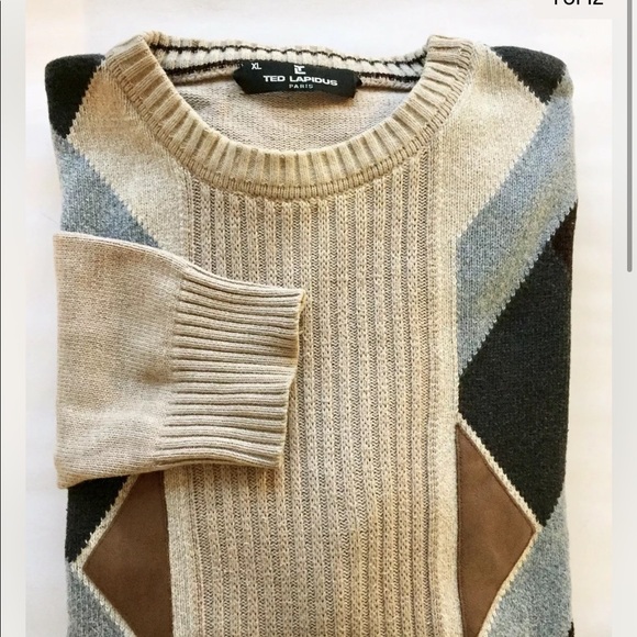Ted Lapidus Paris Men’s Sweater XL Argyle Print Beige Grey Cotton Crew Neck - Picture 3 of 16
